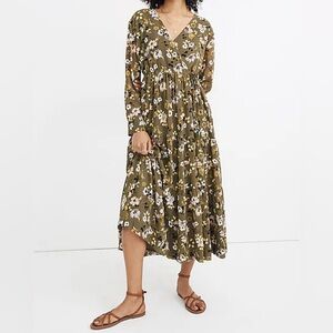 NWOT Madewell Floral Plunge Neck Cinch-Waist Boho Tiered Midi Dress Size XXS